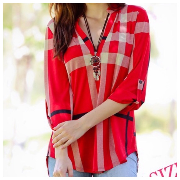 ✨LAST ONE ✨Red plaid rolled sleeves tunic - Picture 5 of 7